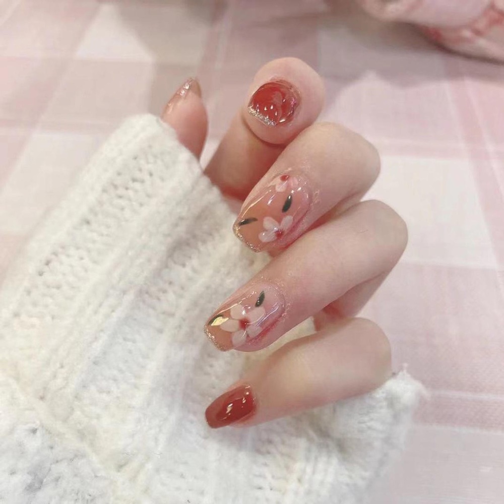 Short Red flower Press On Nails| Square shape press on nails| red nails| flower